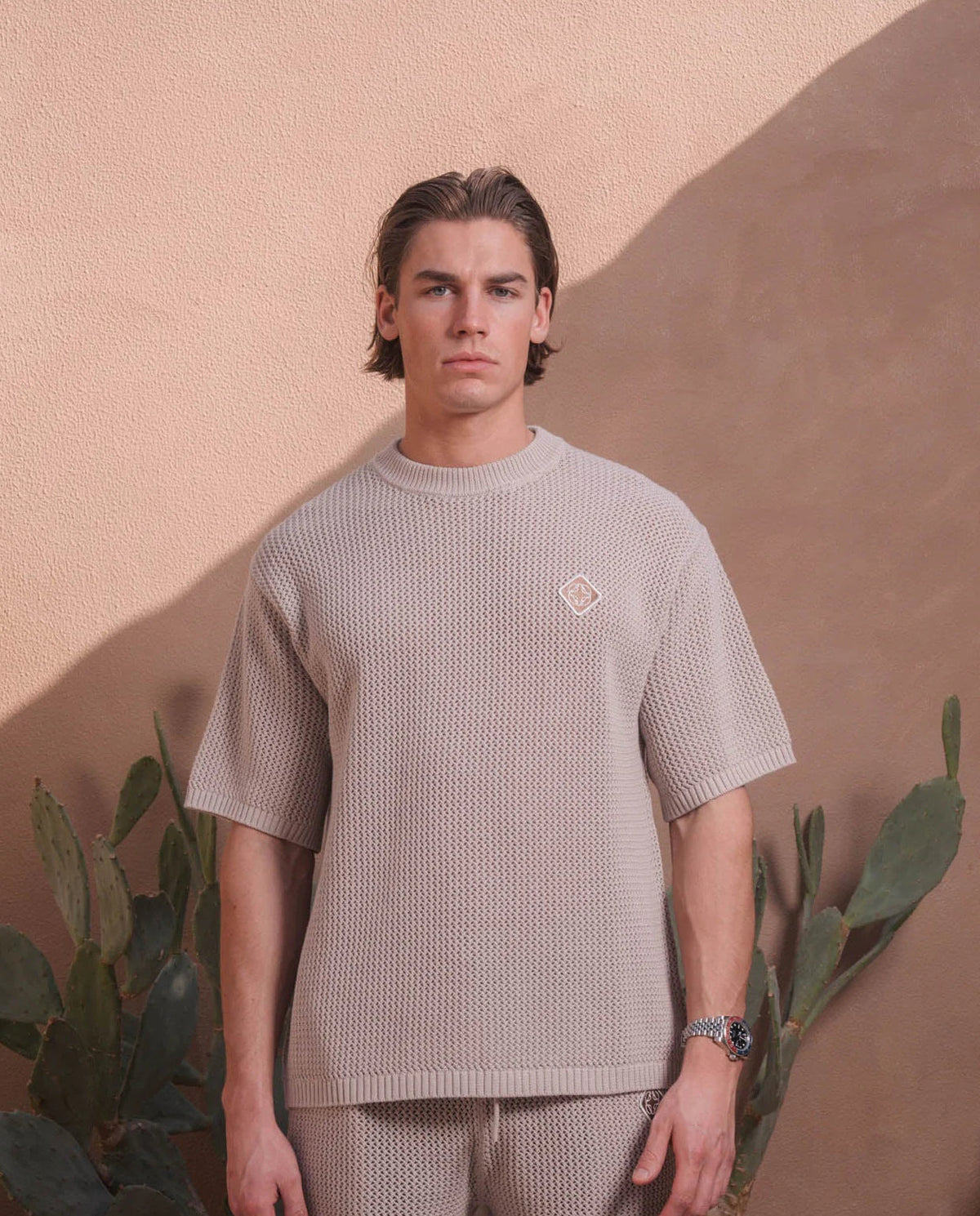 Men's Belier Taupe Crochet T Shirt & Short Set — view 3