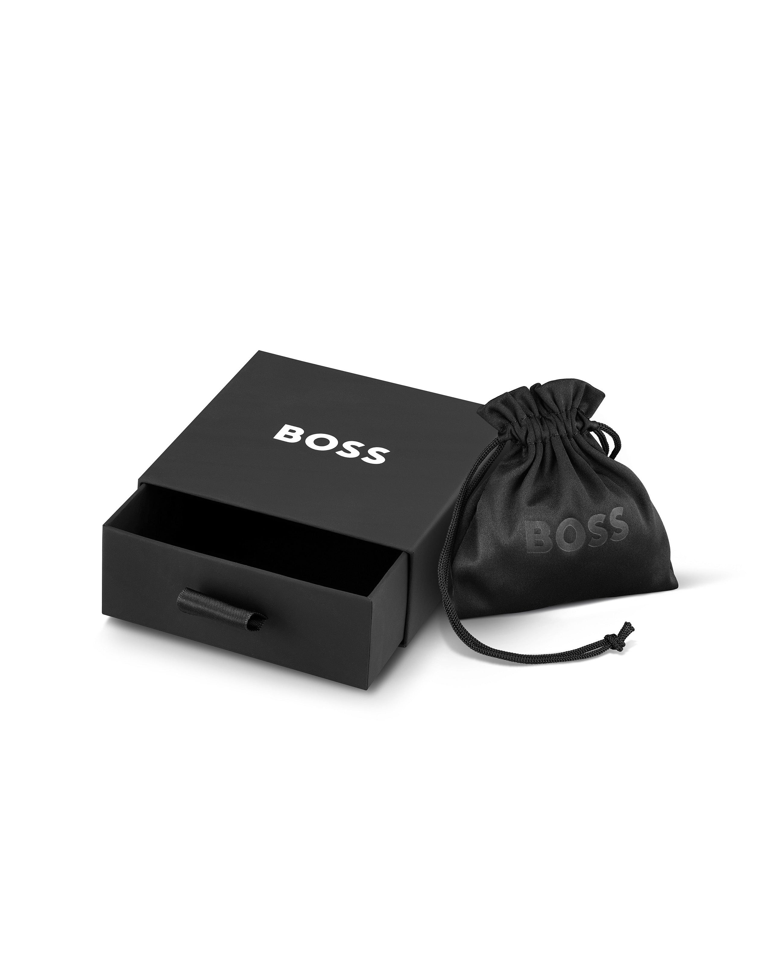 BOSS bracelet gift packaging. Shows stainless steel bracelet box and branded pouch. Mens jewelry.