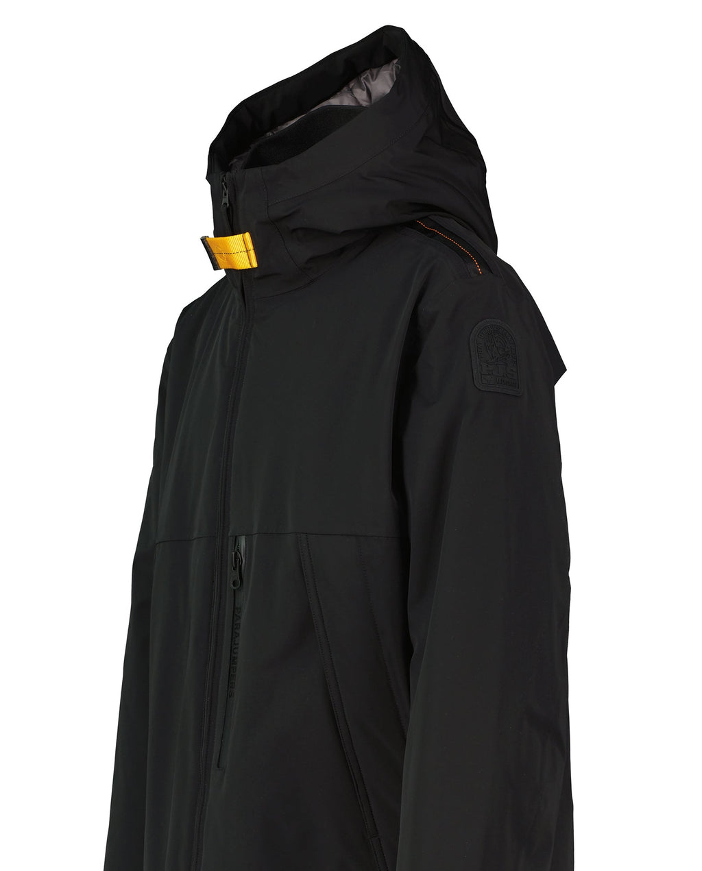 Black jacket with a gold zipper on a white background