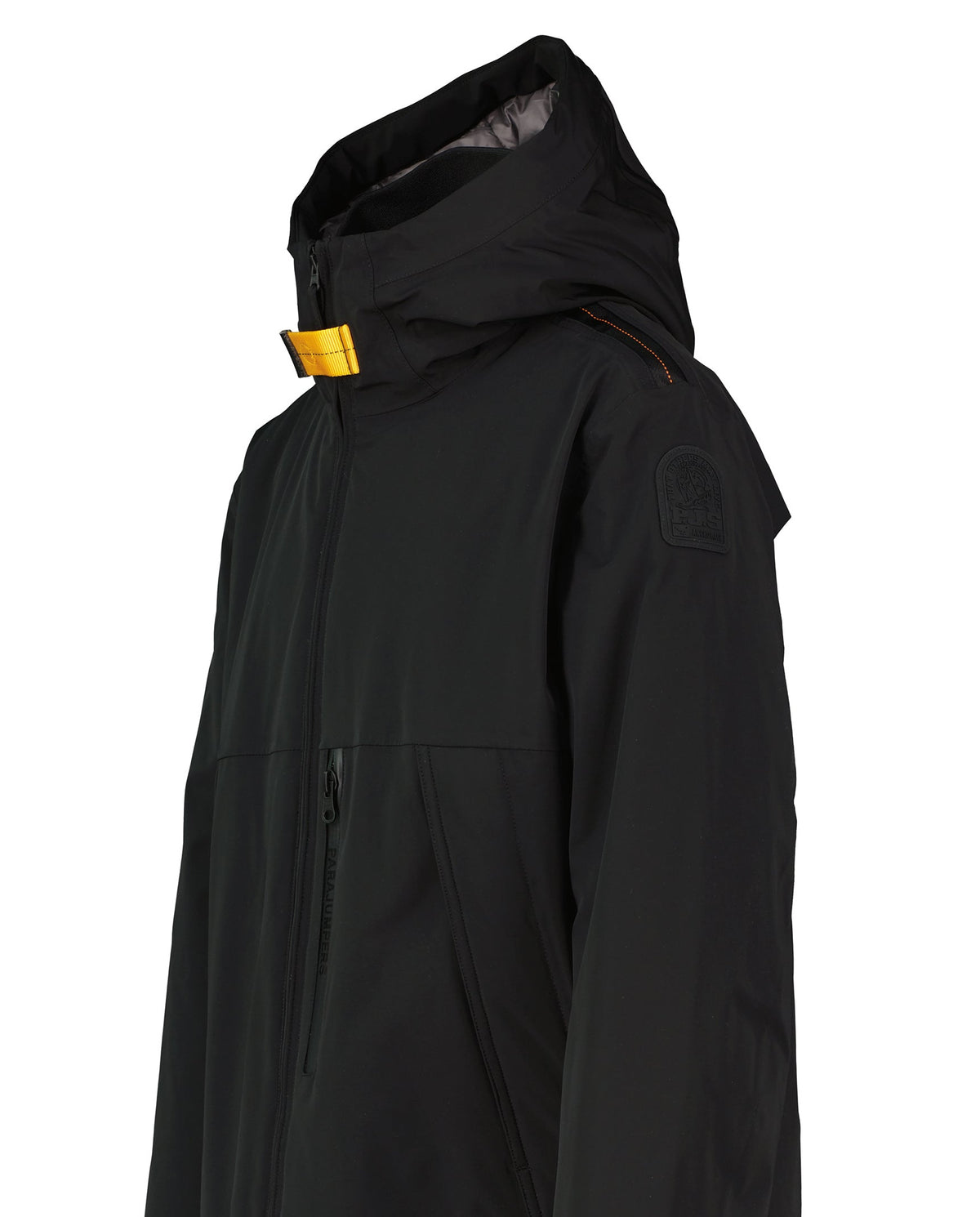 Black jacket with a gold zipper on a white background