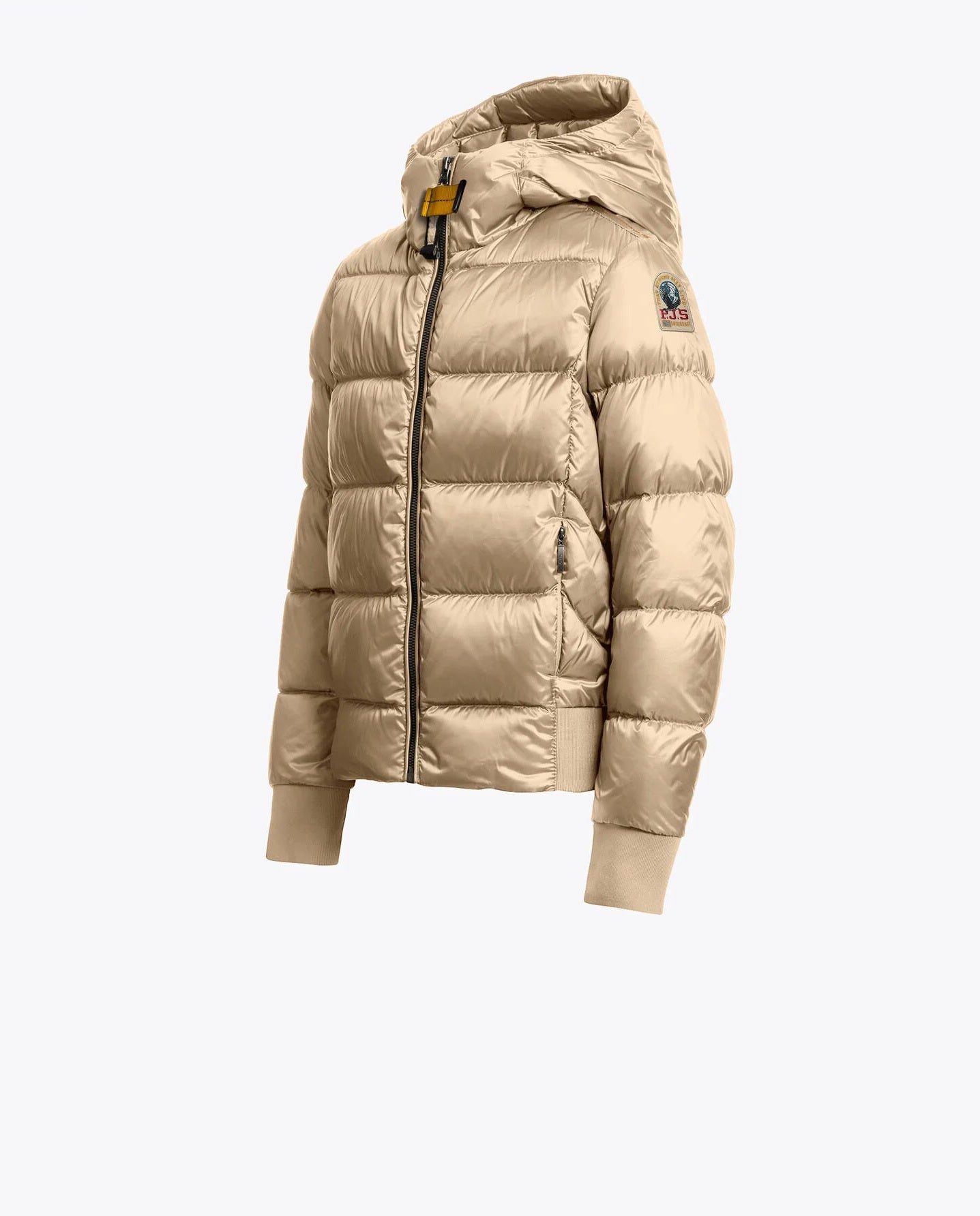 Beige puffer jacket with a brand logo on a white background