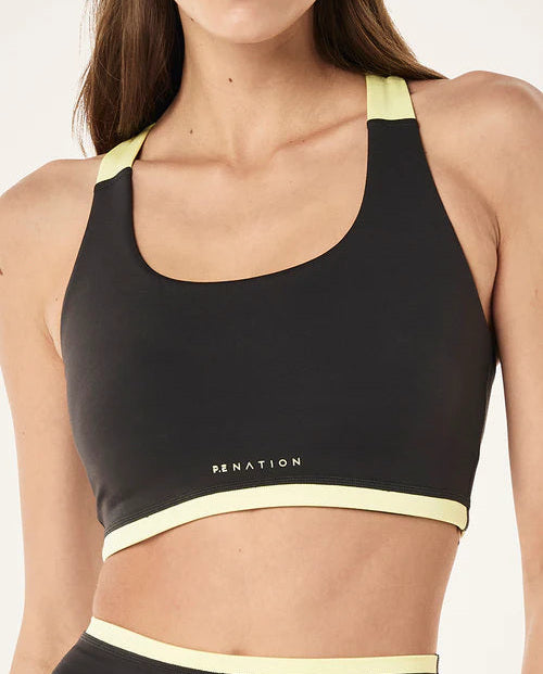 Women's P.E Nation Highgate Sports Bra in Smokestone Lemonade — view 3