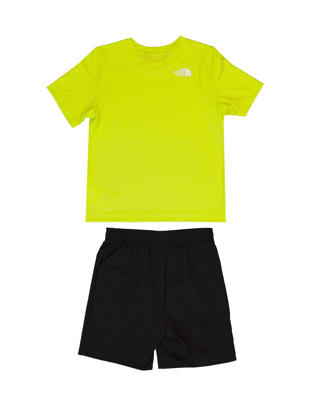 Yellow t-shirt and black shorts set with The North Face logo on a white background