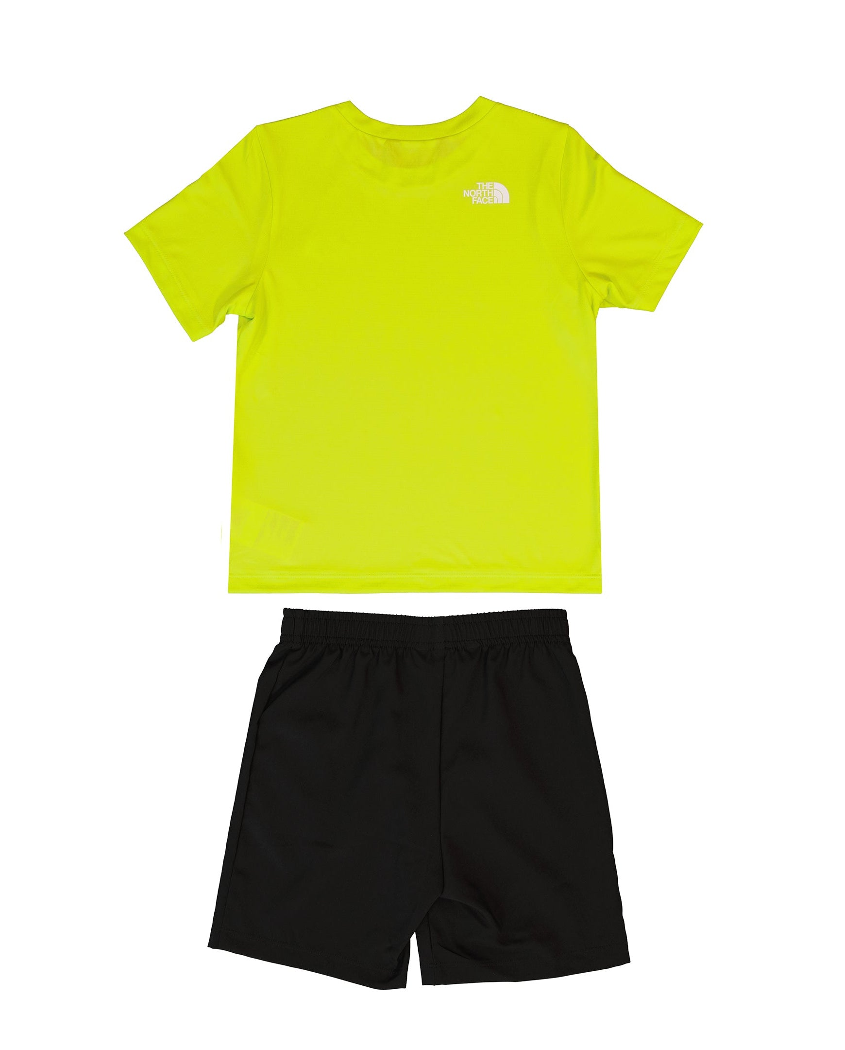 Yellow t-shirt and black shorts set with The North Face logo on a white background