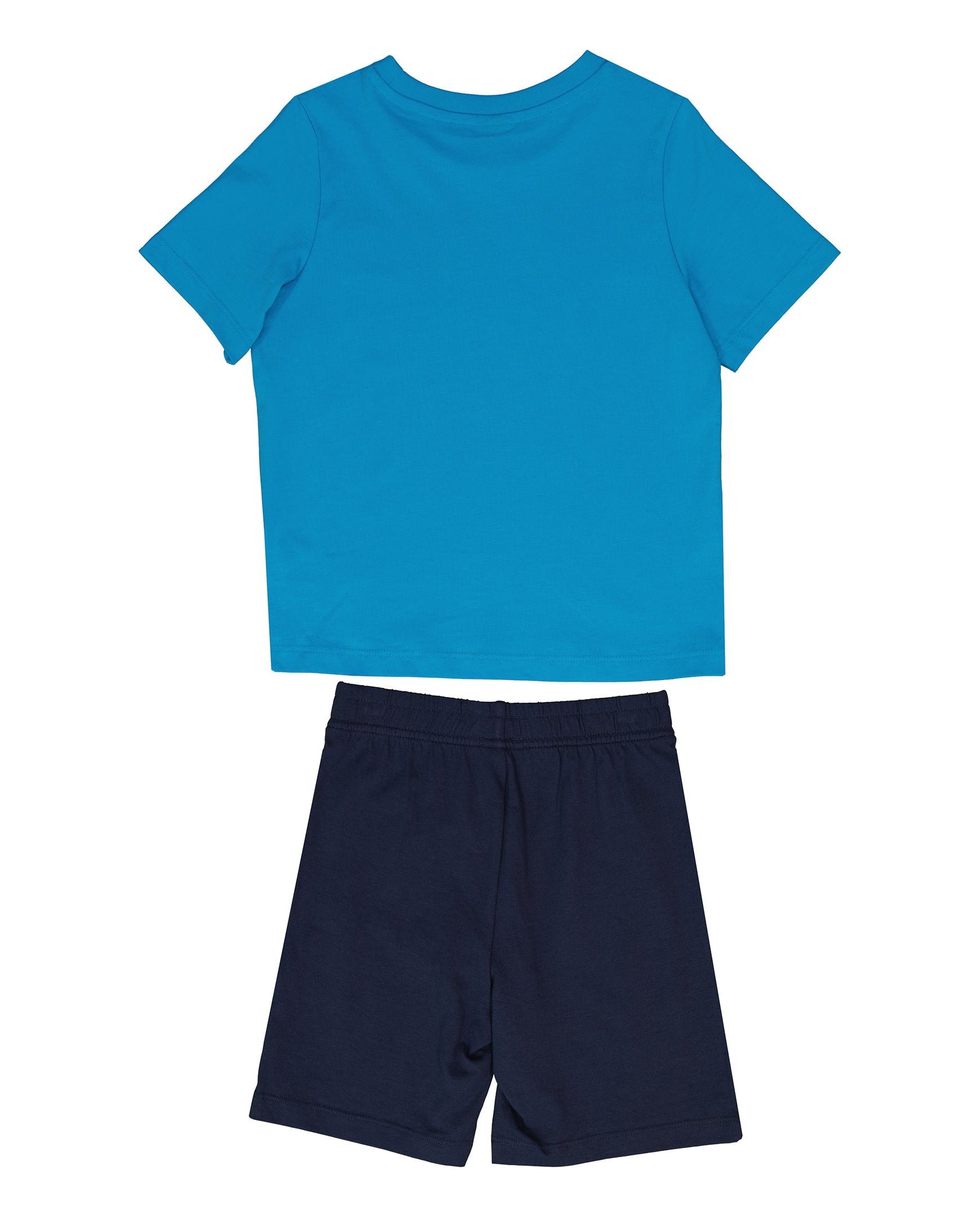 Blue t-shirt and navy shorts set on a white background