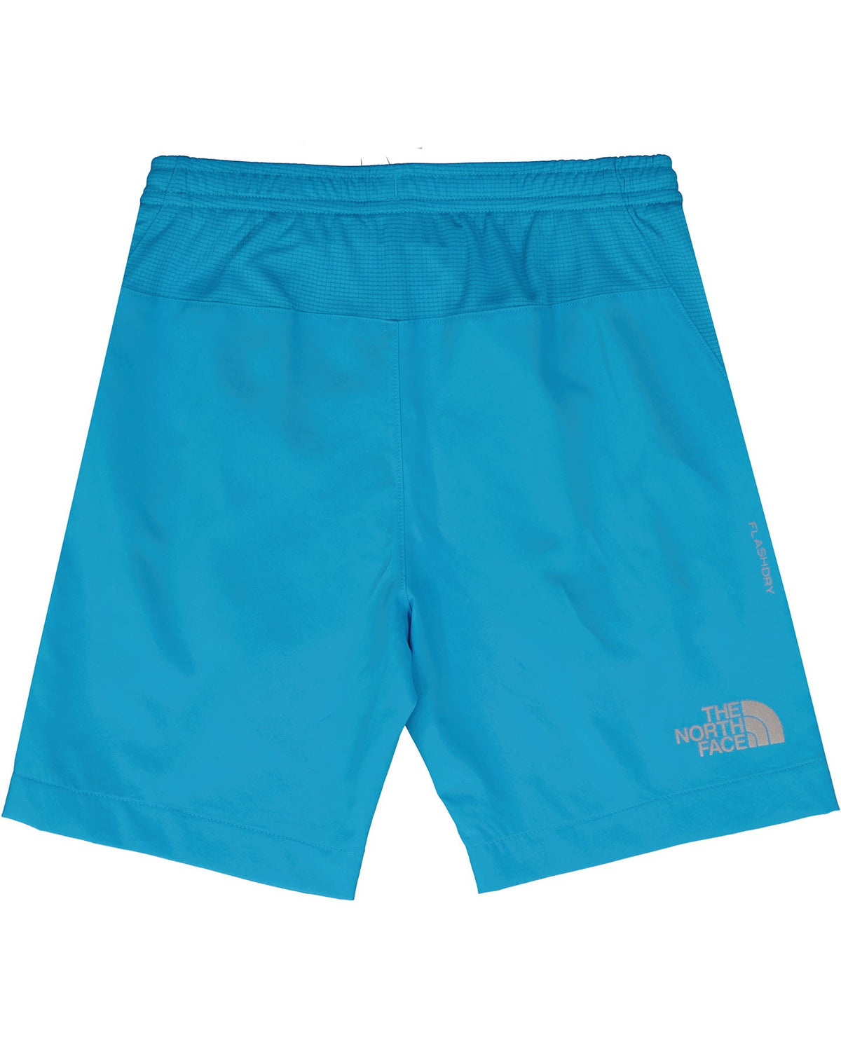 Blue shorts with The North Face logo on a white background
