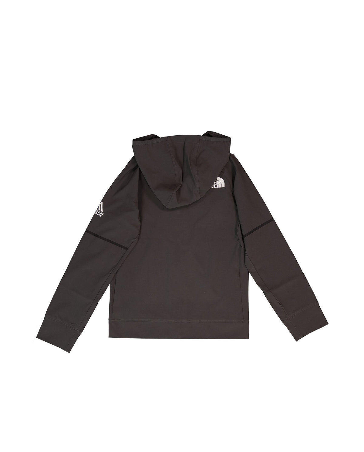 Dark grey  hoodie with a brand logo on the back against a white background 