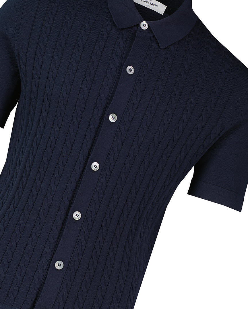 Men's Gran Sasso Navy Cable Knit Full Button Up Polo Shirt - image 3