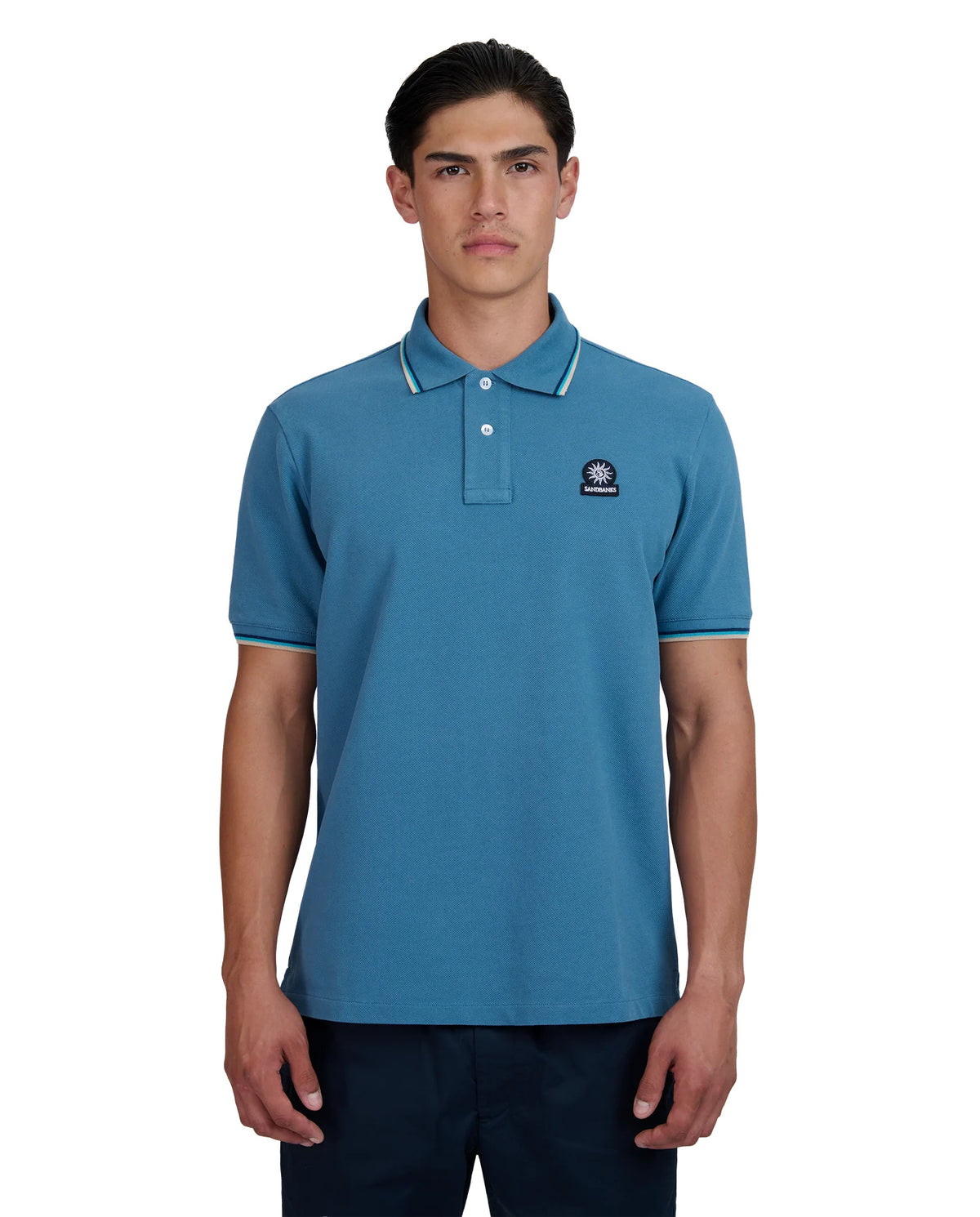 Men's Sandbanks Tipped Badge Pique Polo in Teal — view 2