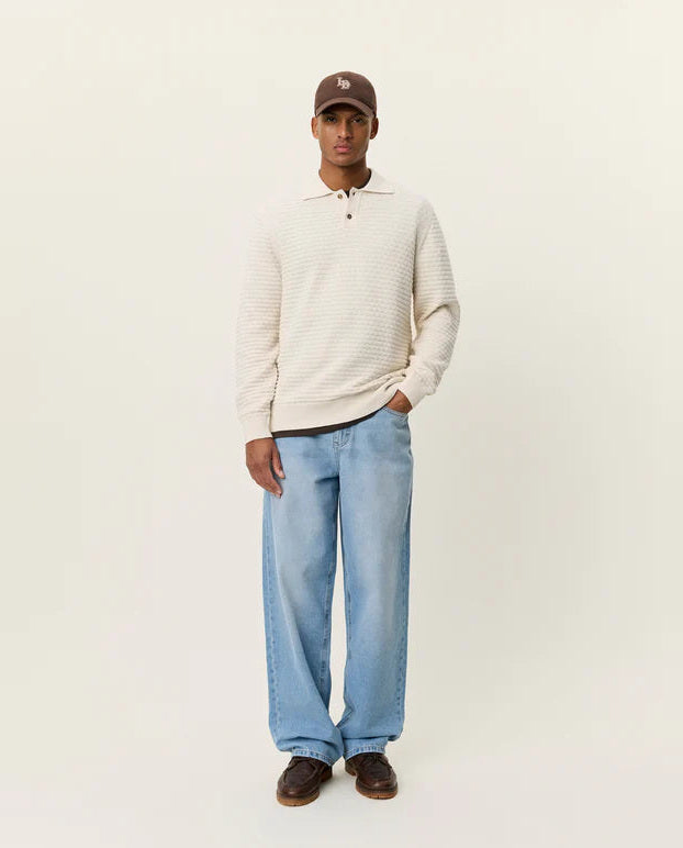 Mens Les Deux Light Ivory Billy Weave Knitted LS Polo - image 3