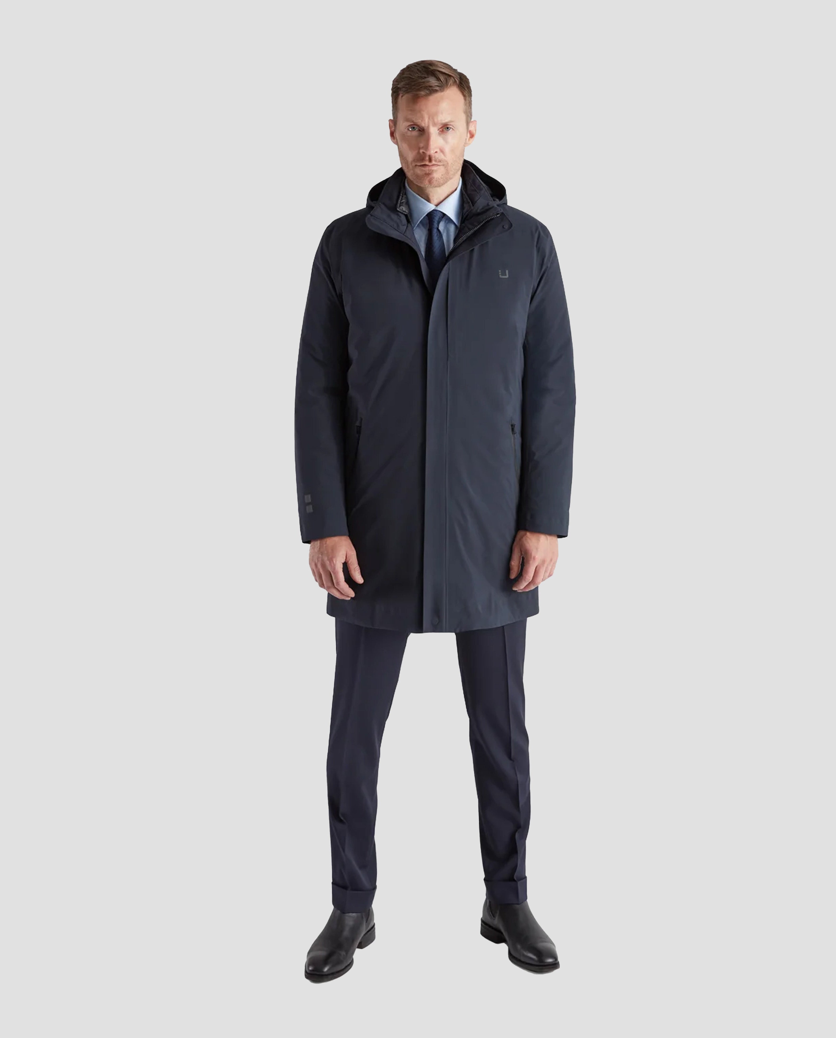 Model Wearing UBR Black Storm Coat Navy 
