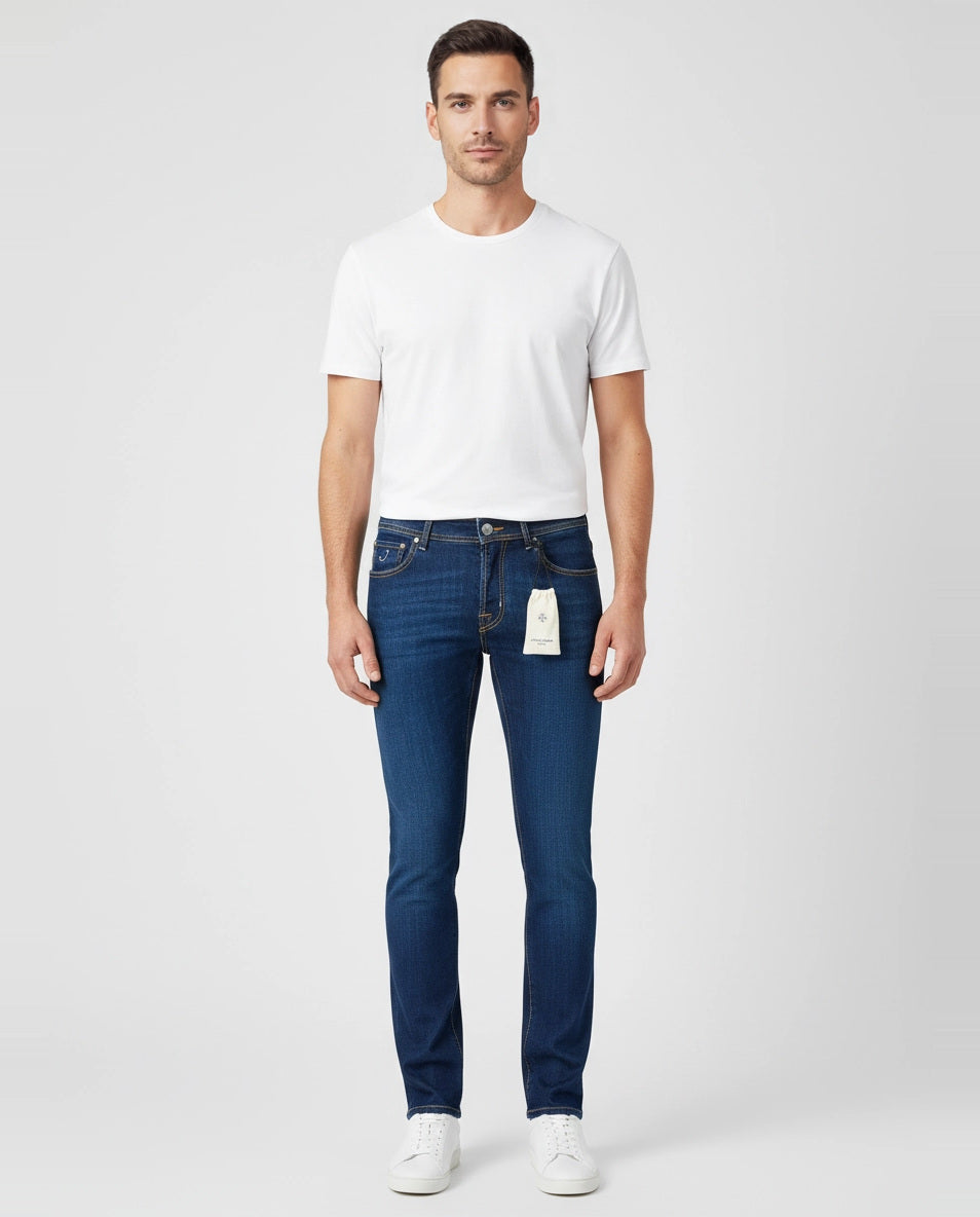 Mens Jacob Cohen 5PKT Nick Slim Fit Dark Blue Jeans front view on model