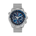 Citizen Eco-Drive chronograph watch with a blue dial showcasing multiple time zones and a stainless steel mesh bracelet.