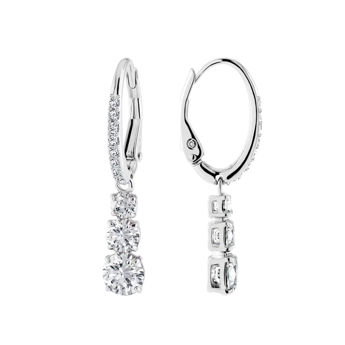 Swarovski Stilla Attract Trilogy Round Cut Zirconia Drop Earrings Rhodium Plated — view 2
