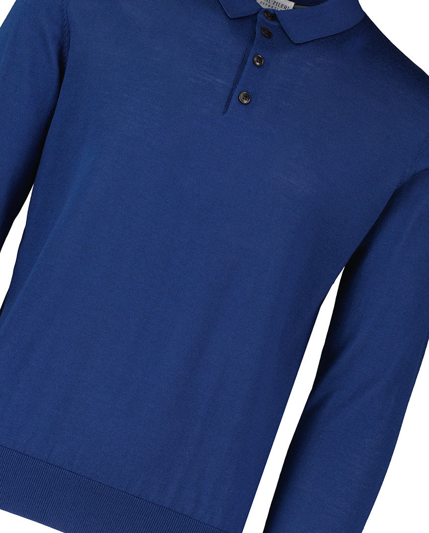 Men's Pal Zileri Blue Long Sleeve Knitted Polo Shirt - image 4