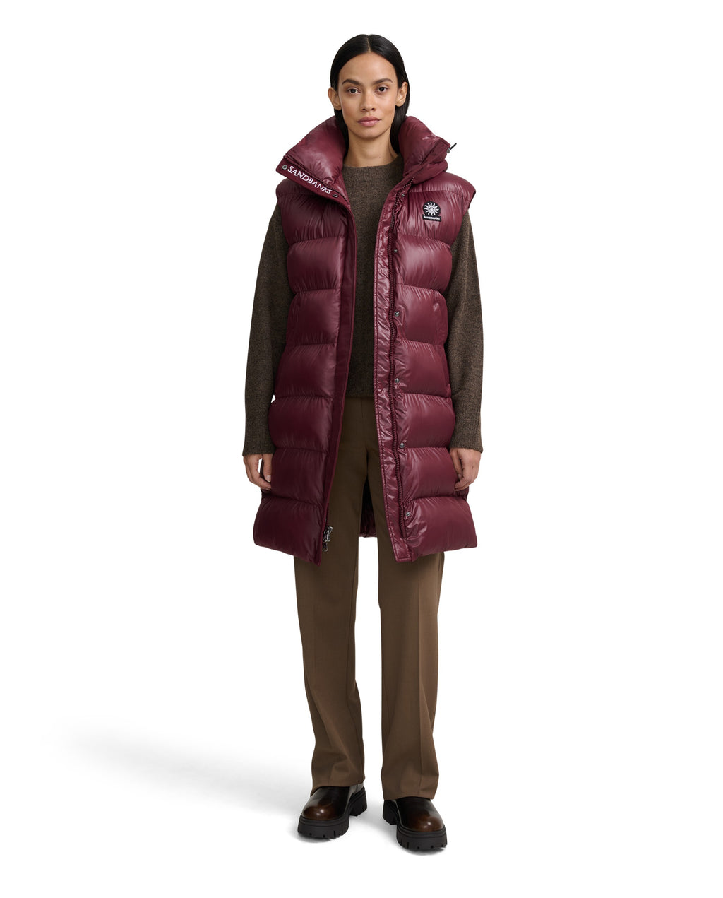 Women's Sandbanks Shell Bay Hooded Long Gilet in Port — image 04