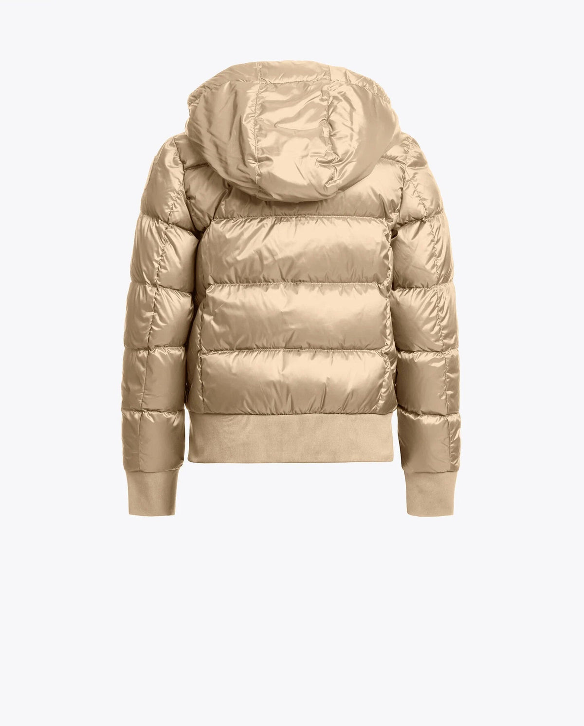 Beige puffer jacket with a hood on a white background