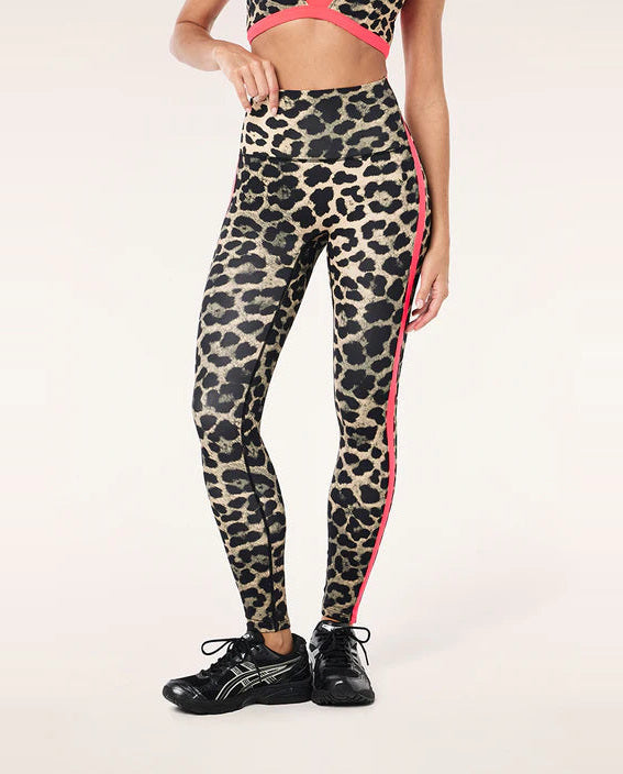 Leopard print leggings with pink side strip worn by a person on a white background