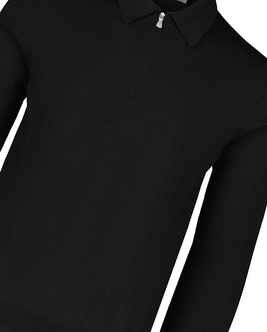 Men's Gran Sasso Black Long Sleeve Zip Merino Wool Knitted Polo Shirt - image 4