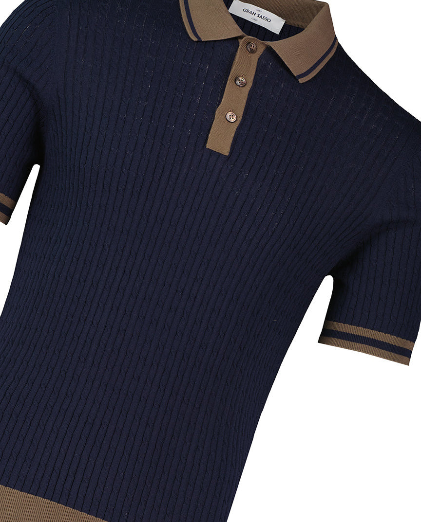 Men's Gran Sasso Navy Cable Knit 3 Button Polo Shirt - image 4