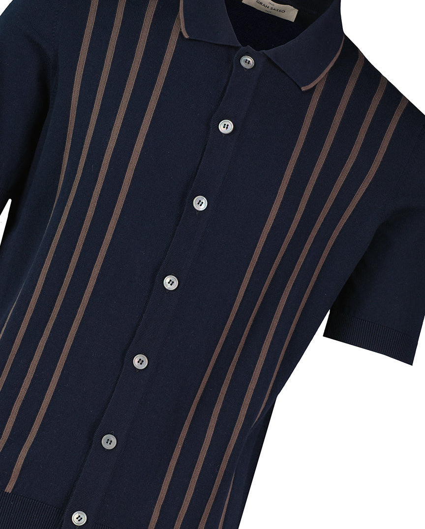 Men's Gran Sasso Navy Stripe Knit Full Button Up Polo Shirt - image 4