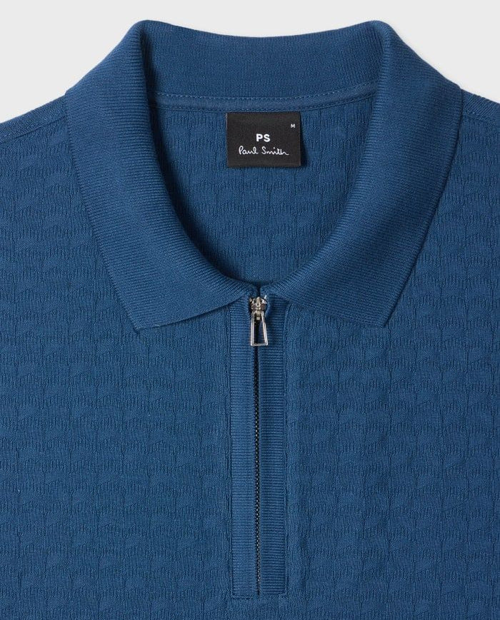 Men's Paul Smith Blue Textured Cotton Zip-Neck Polo Shirt — view 4