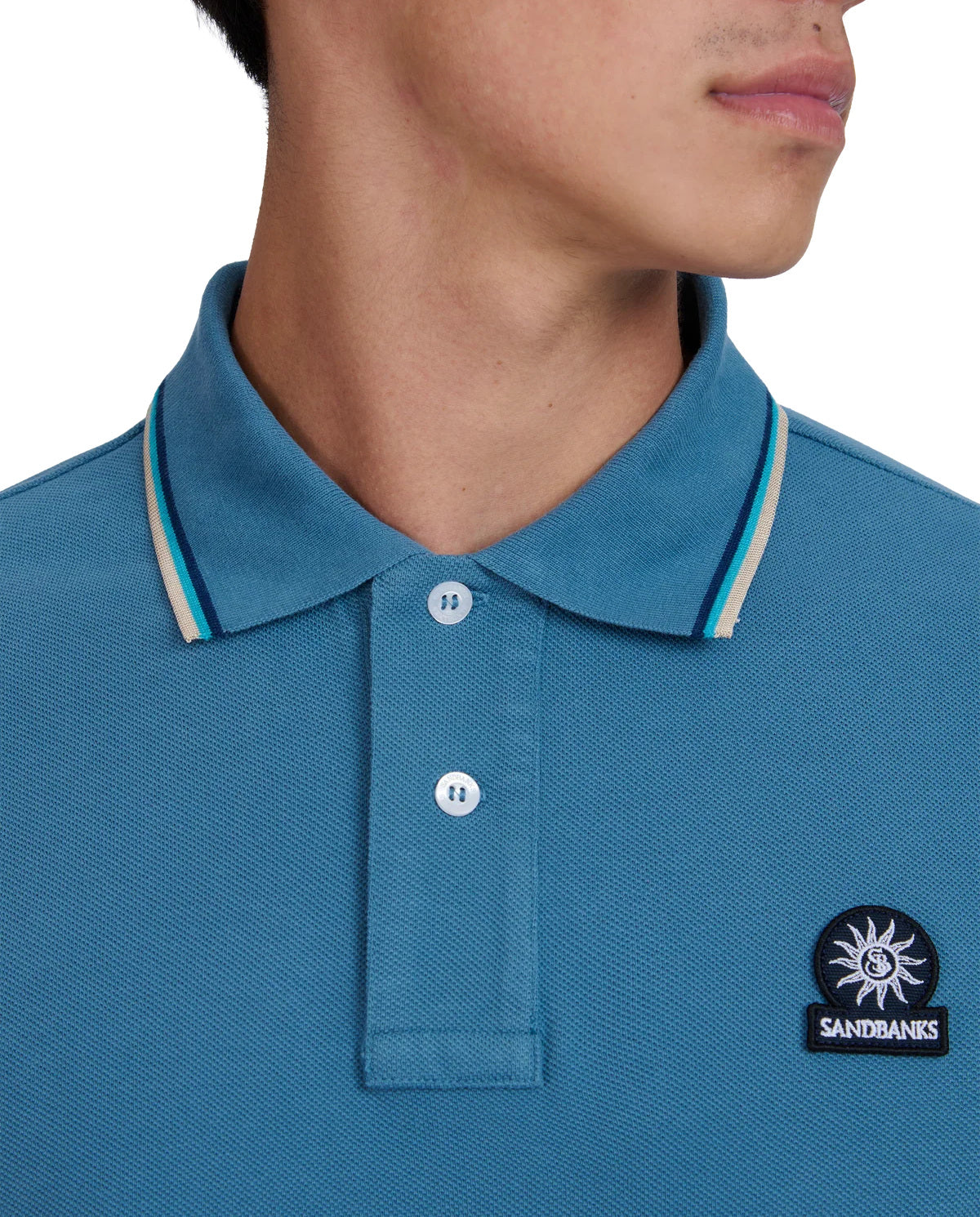 Men's Sandbanks Tipped Badge Pique Polo in Teal — view 3