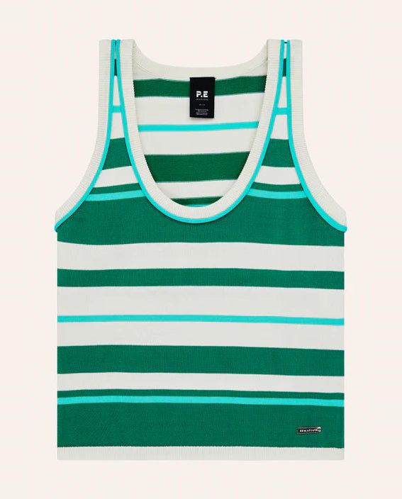 Green and white striped tank top with brand label on a light gray background