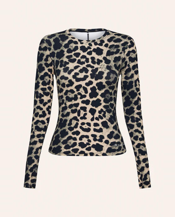 Leopard print long-sleeve top on a beige background