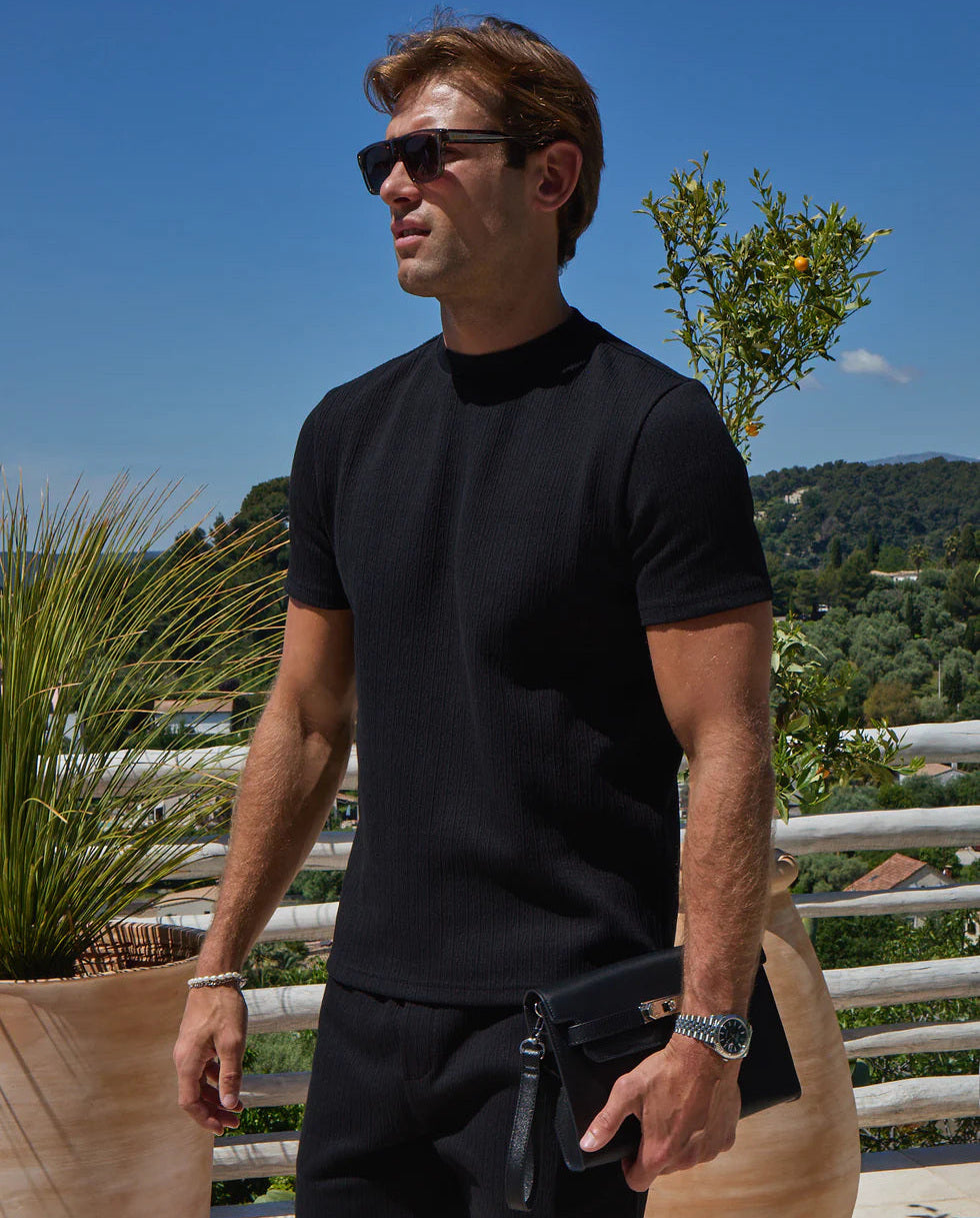 Men's Belier Black Textured T Shirt & Short Set — view 5