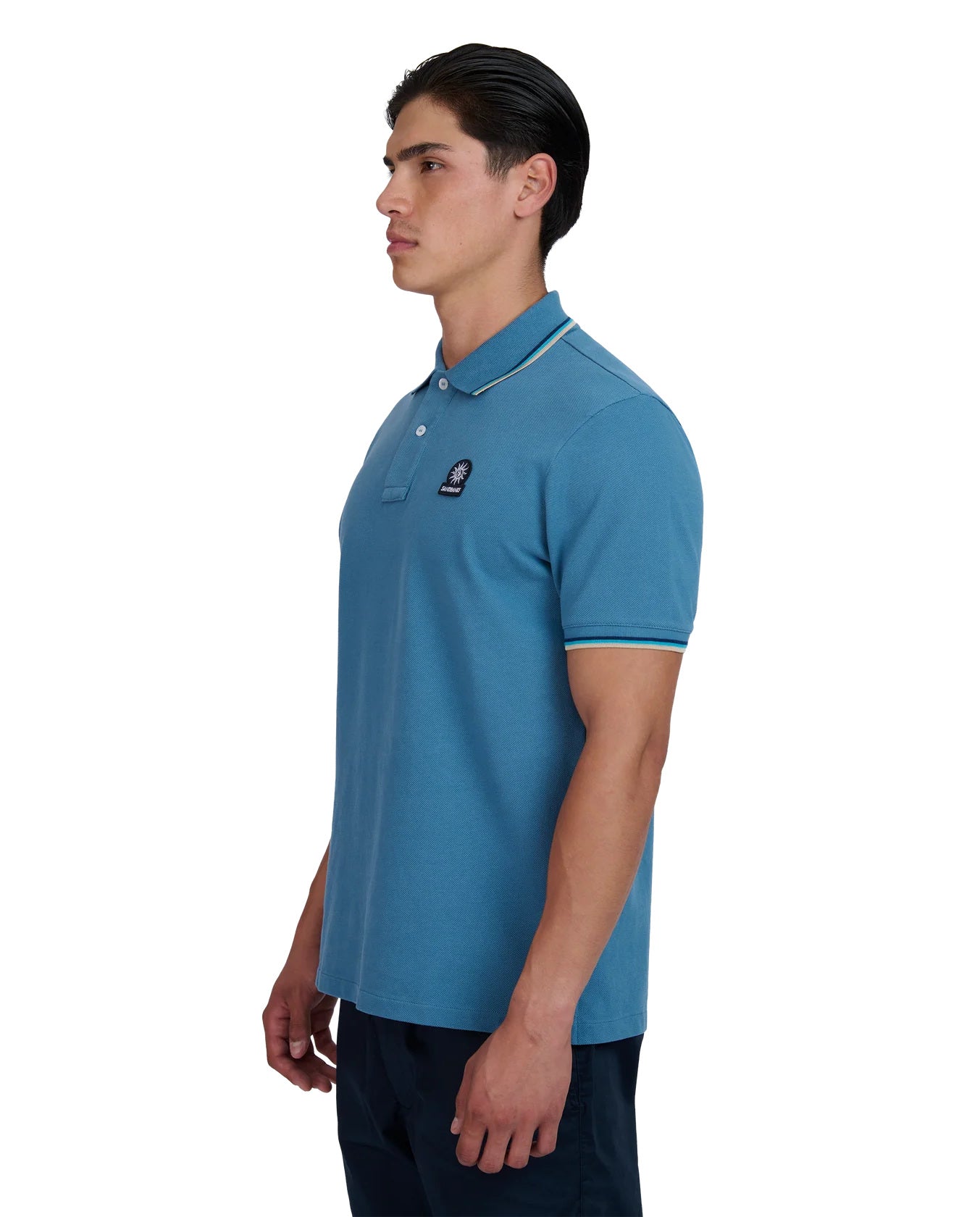 Men's Sandbanks Tipped Badge Pique Polo in Teal — view 4
