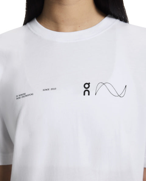 White t-shirt with black text and graphics on a white background