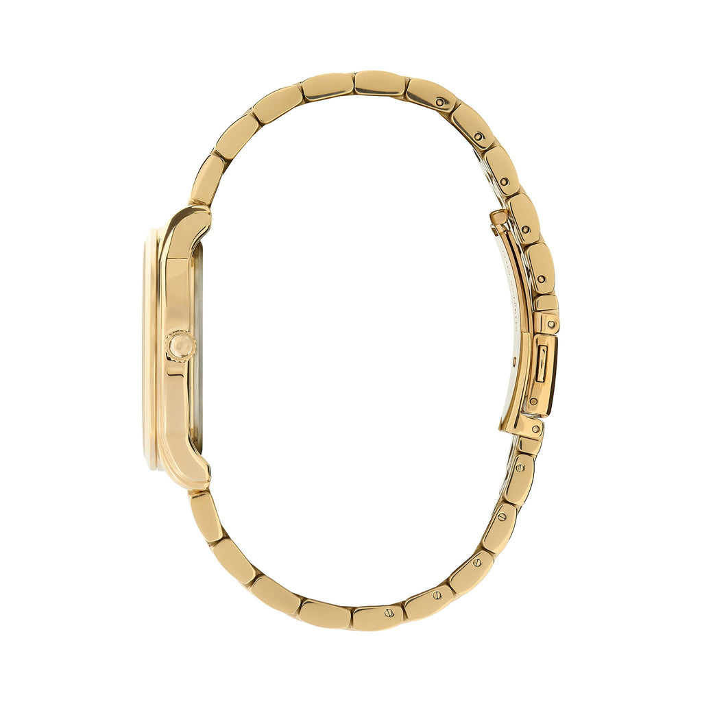 Close-up of the Olivia Burton Starlight gold watch showing bracelet detail and side profile on a white background.