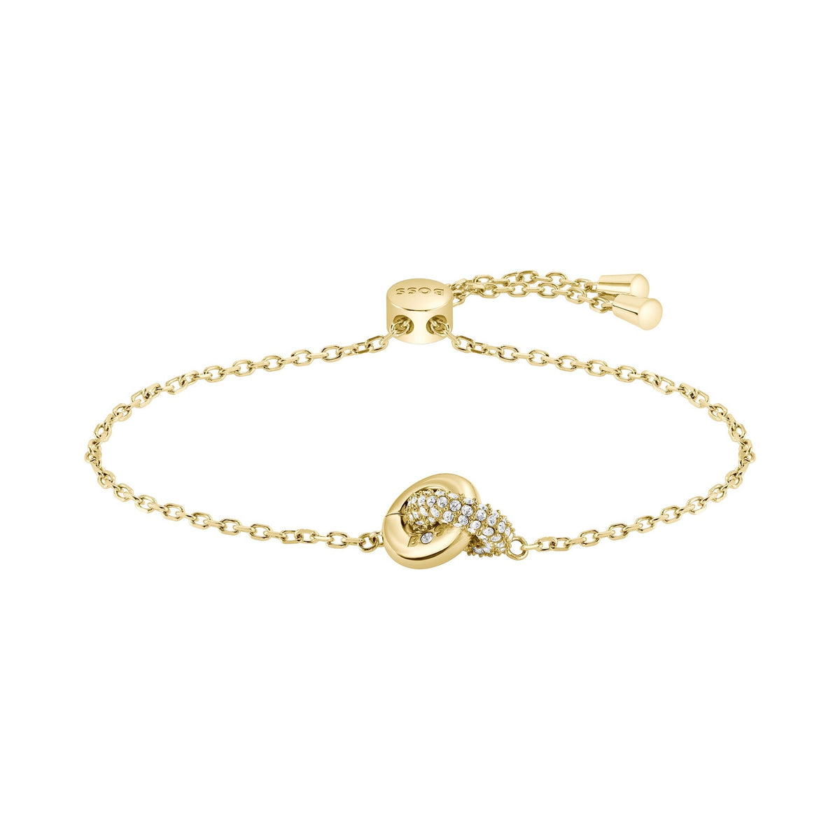 Gold chain bracelet with diamond-studded knot.