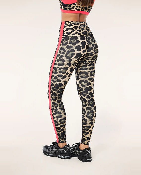Leopard print leggings with pink side stripes on a white background