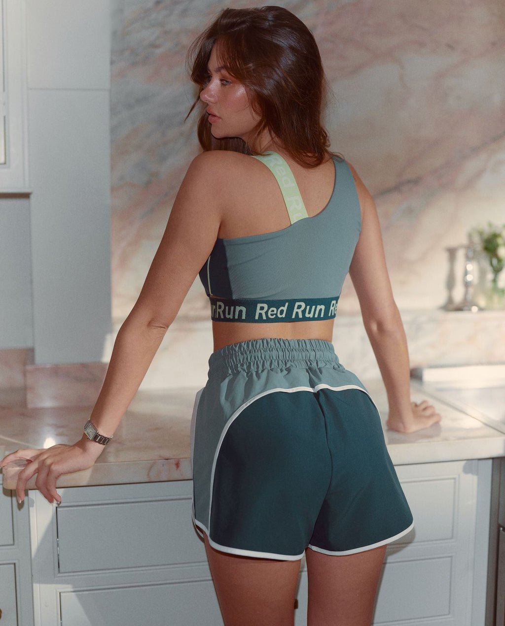 Womens Red Run  Skyline Colour Block Bra in Green — view 6
