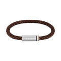 Close-up of the BOSS Ares braided leather bracelet in brown with a stainless steel clasp displaying the brand name.