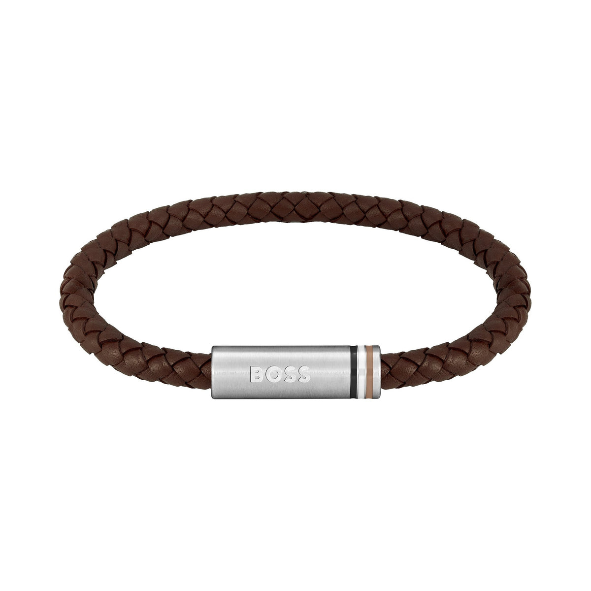 Close-up of the BOSS Ares braided leather bracelet in brown with a stainless steel clasp displaying the brand name.