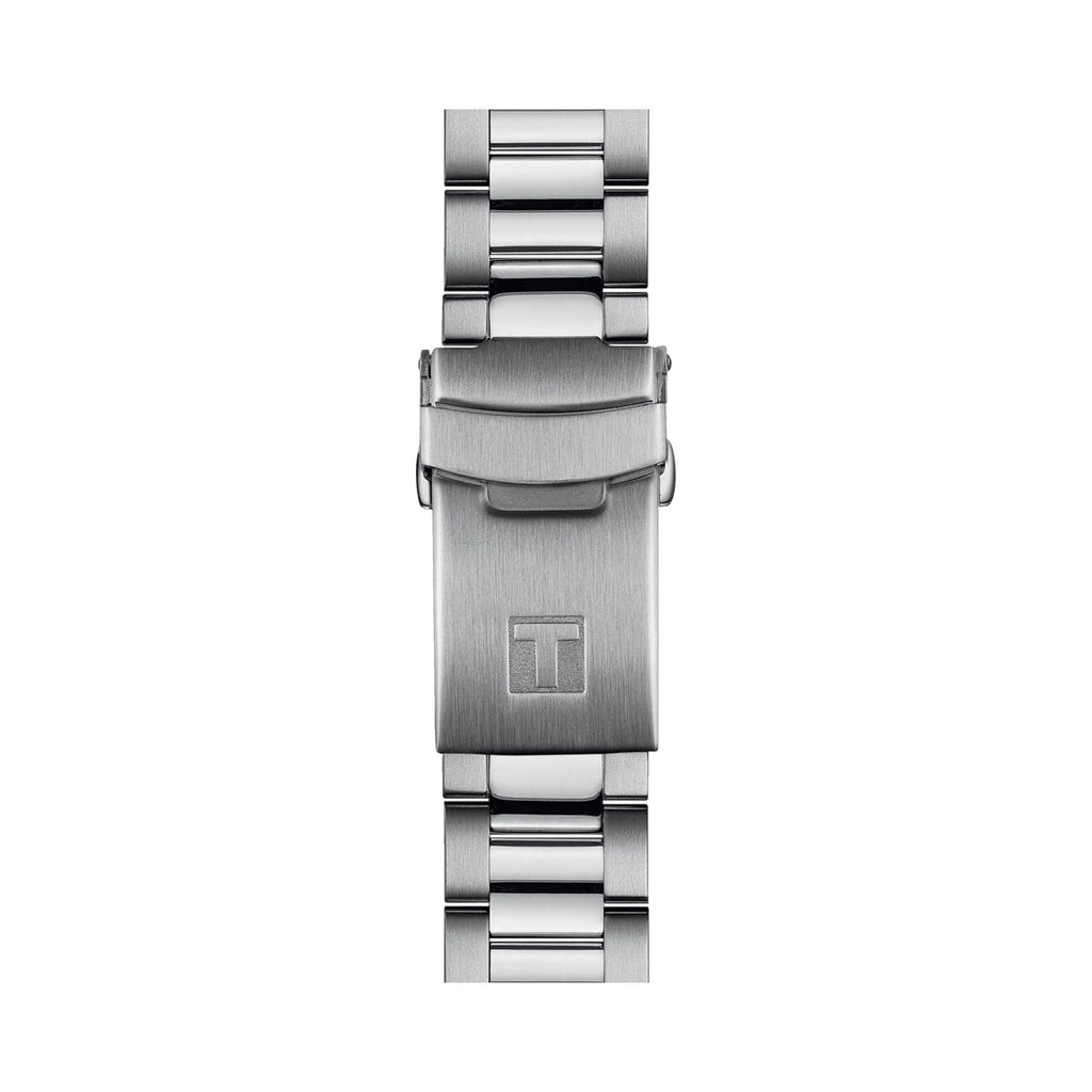 Close-up of the Tissot Seastar 1000 stainless steel watch bracelet and clasp with logo detail, showcasing wrist closure.