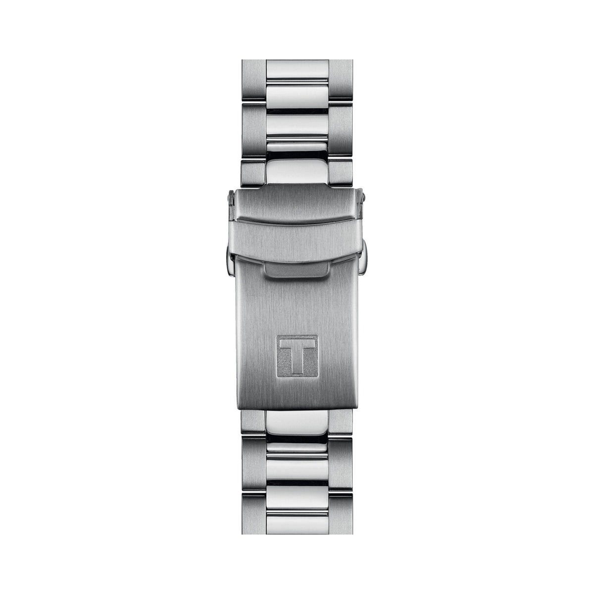 Close-up of the Tissot Seastar 1000 stainless steel watch bracelet and clasp with logo detail, showcasing wrist closure.
