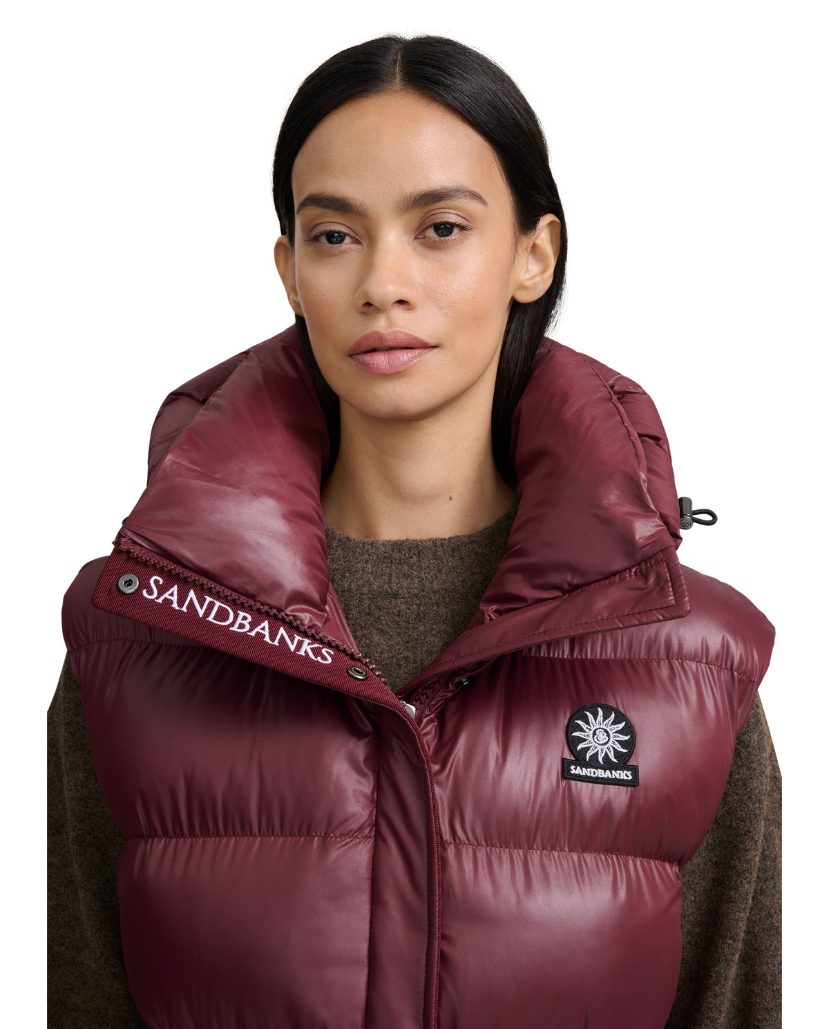 Women's Sandbanks Shell Bay Hooded Long Gilet in Port — image 07