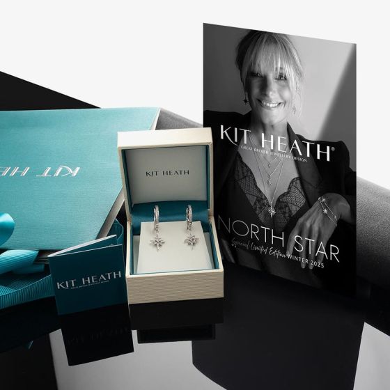 Product photo with Kit Heath jewelry, including earrings in a box, a brochure featuring a woman wearing the jewelry, and a turquoise box with a ribbon.