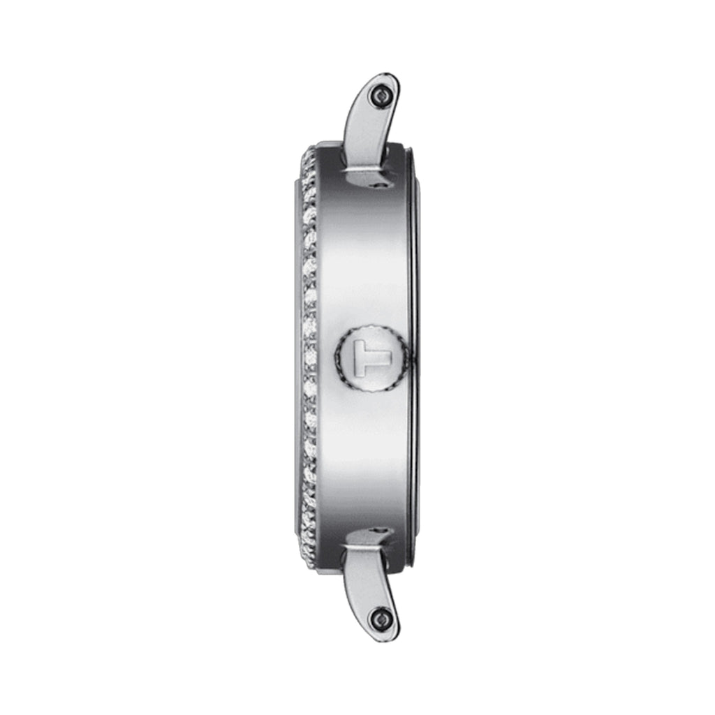 Side view of the Tissot ladies' watch, showcasing the mop dial and diamond bezel detailing.