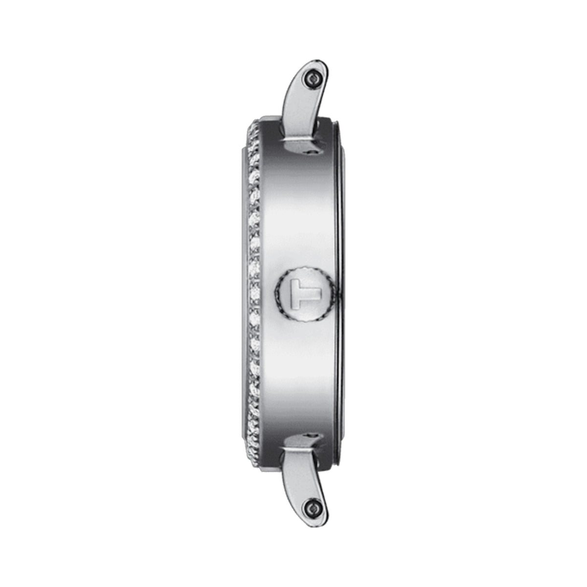 Side view of the Tissot ladies' watch, showcasing the mop dial and diamond bezel detailing.