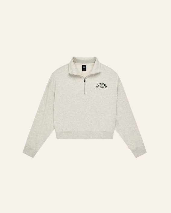 Light gray sweatshirt with a brand logo on a white background