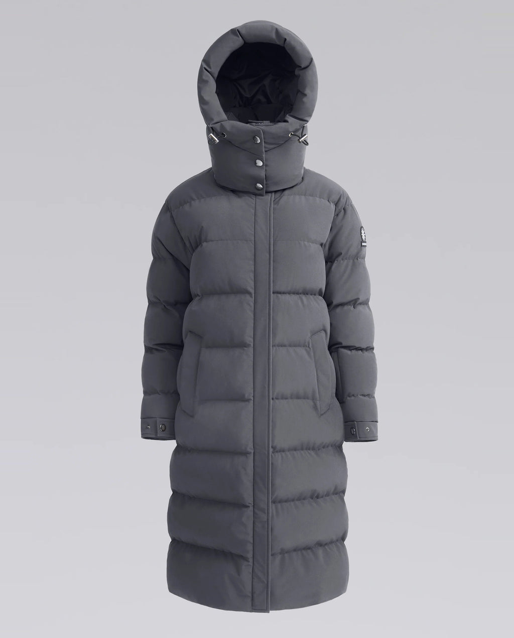 Women's Sandbanks Haven Charcoal Grey Long Puffer Jacket with hood up