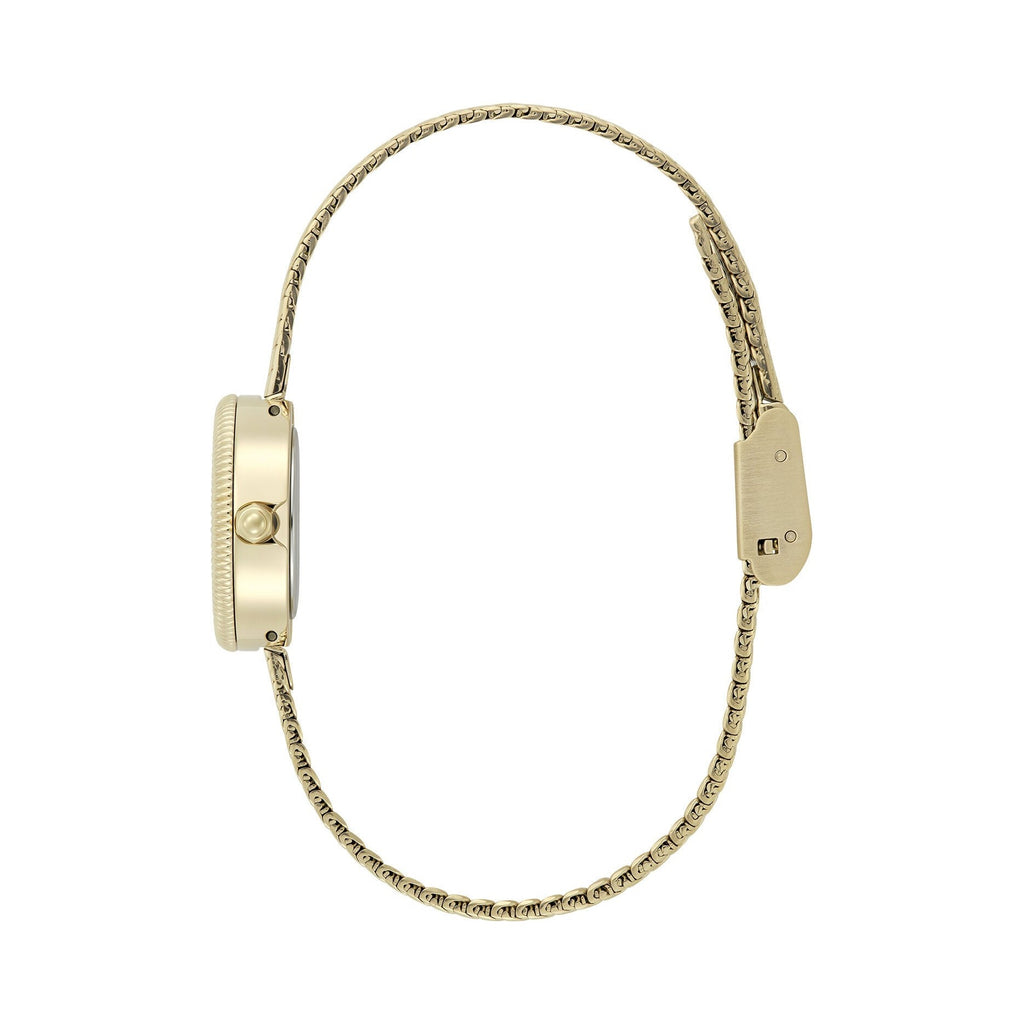 Gold-toned watch with a mesh band.