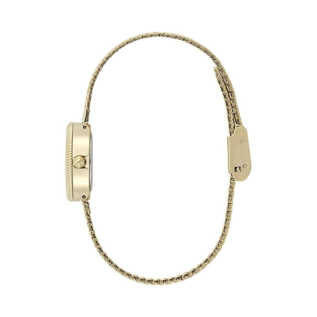 Gold-toned watch with a mesh band.