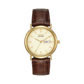 Citizen Eco Drive watch displaying its ivory dial, gold casing, brown leather strap and the Day Date feature.