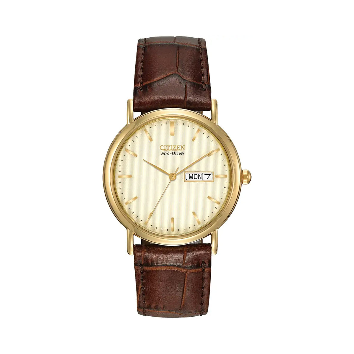 Citizen Eco Drive watch displaying its ivory dial, gold casing, brown leather strap and the Day Date feature.